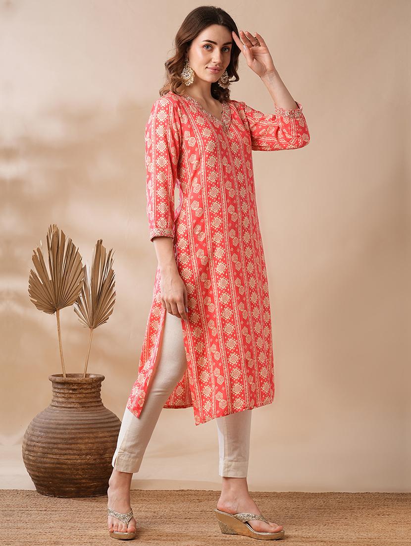 globus women coral gotta patti v-neck gold foil block floral printed straight workwear kurta - 21463107 - Standard Image - 1