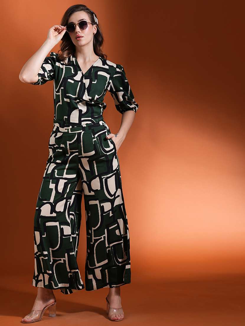 globus women green wrap neck puff sleeves abstract printed back tie-up top & palazzos co-ord set