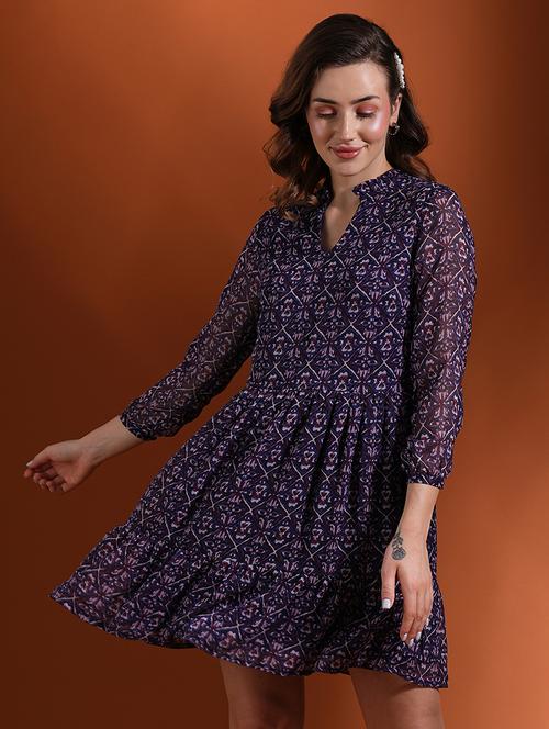 globus women blue allover tribal print v-neck fit & flare tiered mini dress - 21463113 - Standard Image - 0