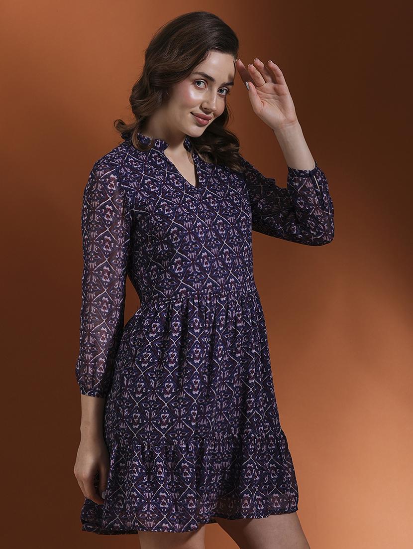 globus women blue allover tribal print v-neck fit & flare tiered mini dress - 21463113 - Standard Image - 1