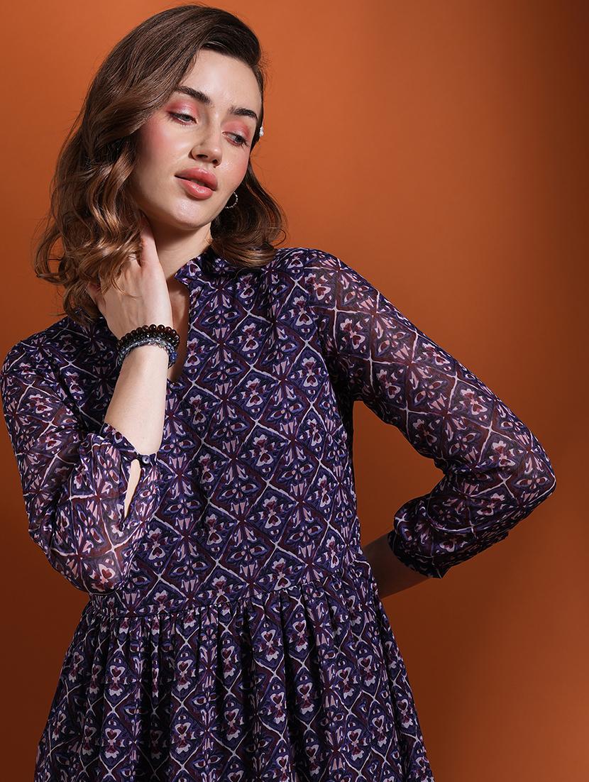 globus women blue allover tribal print v-neck fit & flare tiered mini dress - 21463113 - Standard Image - 4