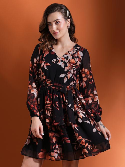 globus women black floral print bishop sleeves v-neck waist tie-up fit & flare layered dress - 21463114 -  Standard Image - 0