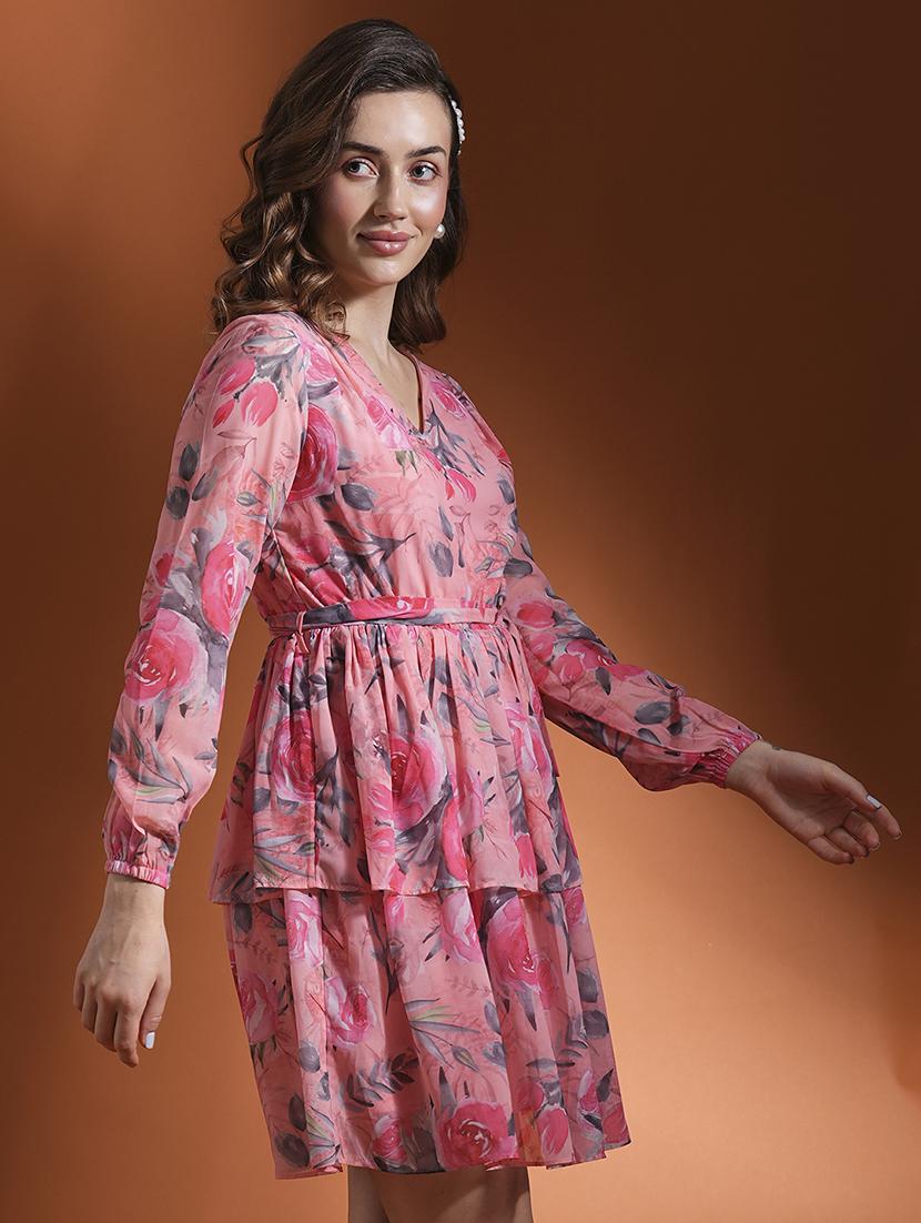 globus women peach floral print bishop sleeves v-neck waist tie-up fit & flare layered dress - 21463115 - Standard Image - 1