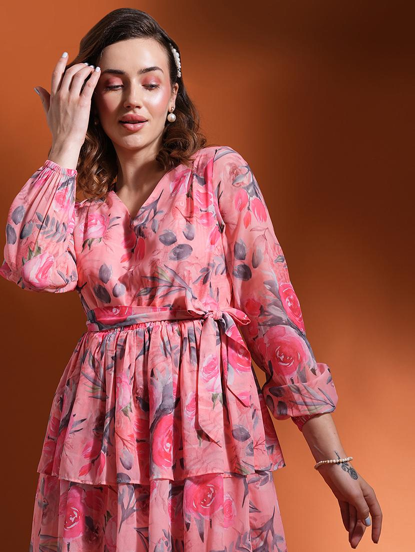 globus women peach floral print bishop sleeves v-neck waist tie-up fit & flare layered dress - 21463115 - Standard Image - 4