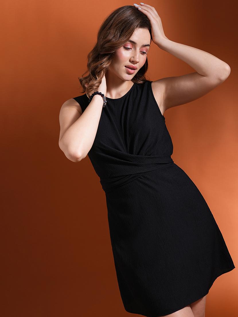 globus women black self design twisted wrap back tie-up mini a-line party dress - 21463118 - Standard Image - 1