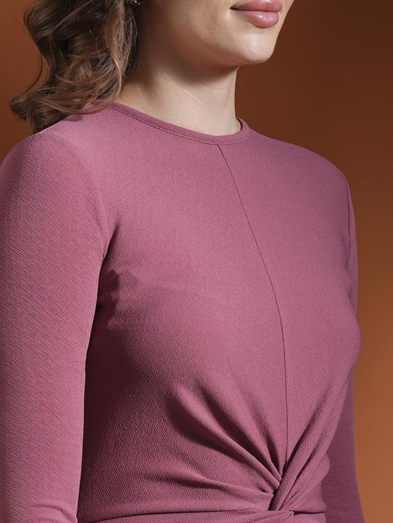 globus women pink stretchable round neck long sleeves twisted detail midi bodycon party dress - 21463120 - Standard Image - 4