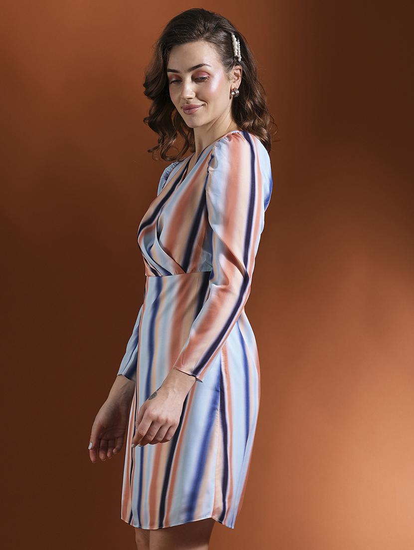 globus women multi colour candy striped long puff sleeve wrap neck sheath workwear dress - 21463124 -  Standard Image - 1
