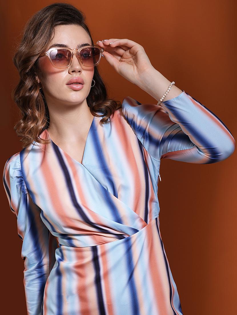 globus women multi colour candy striped long puff sleeve wrap neck sheath workwear dress - 21463124 - Standard Image - 4