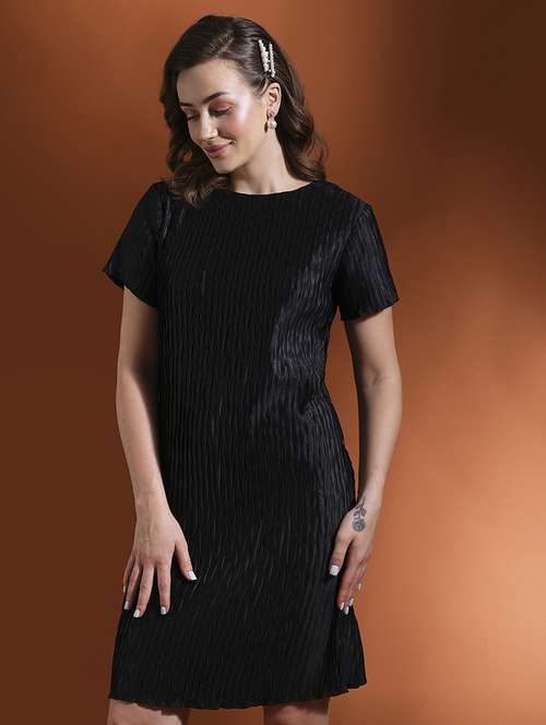 globus women black self textured round neck short sleeves sheath workwear dress - 21463125 - Standard Image - 0