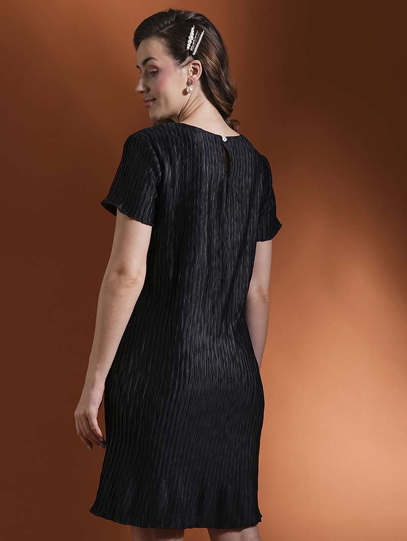 globus women black self textured round neck short sleeves sheath workwear dress - 21463125 - Standard Image - 1