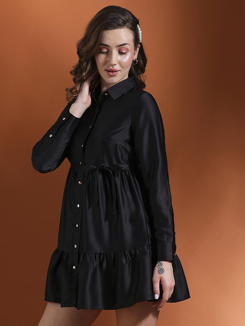 globus women black cuff sleeves shirt collar button down belted fit & flare mini party dress - 21463126 -  Standard Image - 1
