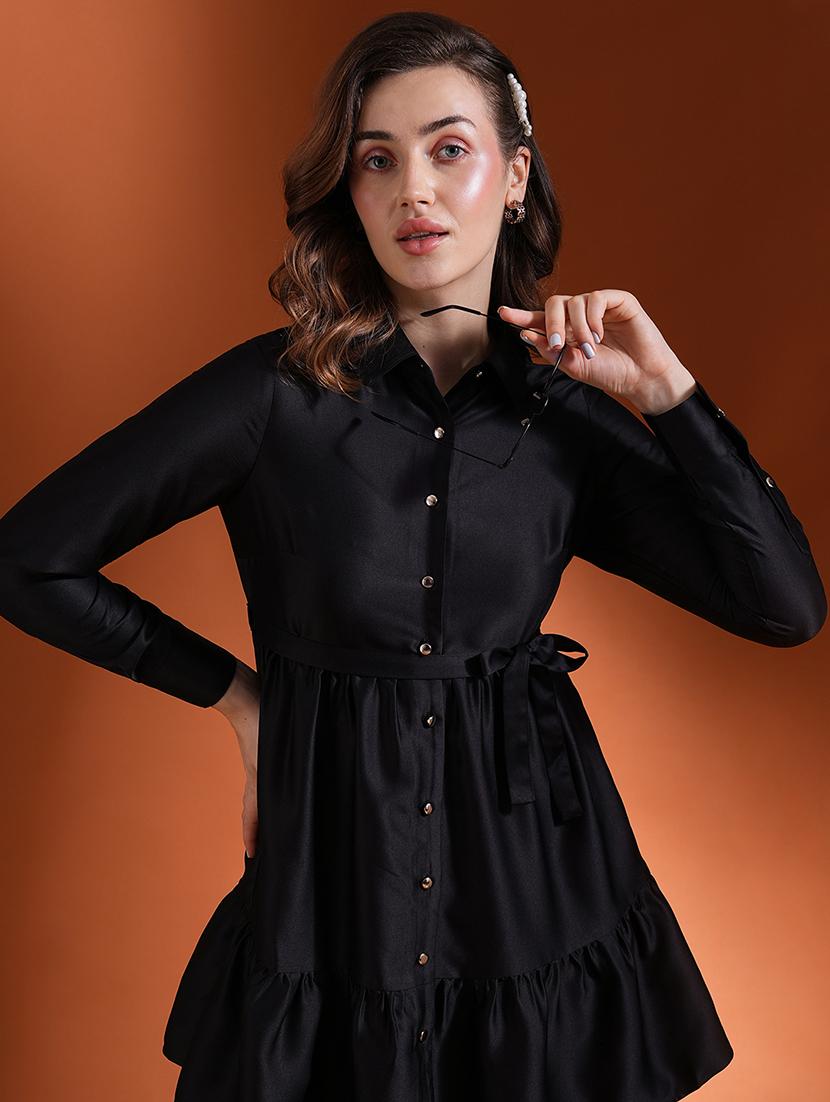globus women black cuff sleeves shirt collar button down belted fit & flare mini party dress - 21463126 - Standard Image - 4