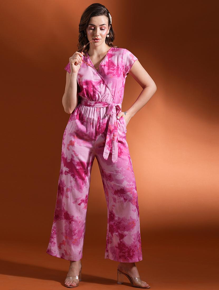 globus women pink tie- dye print wrap neck waist tie-up flared hem work wear jumpsuit - 21463128 - Zoom Image - 0