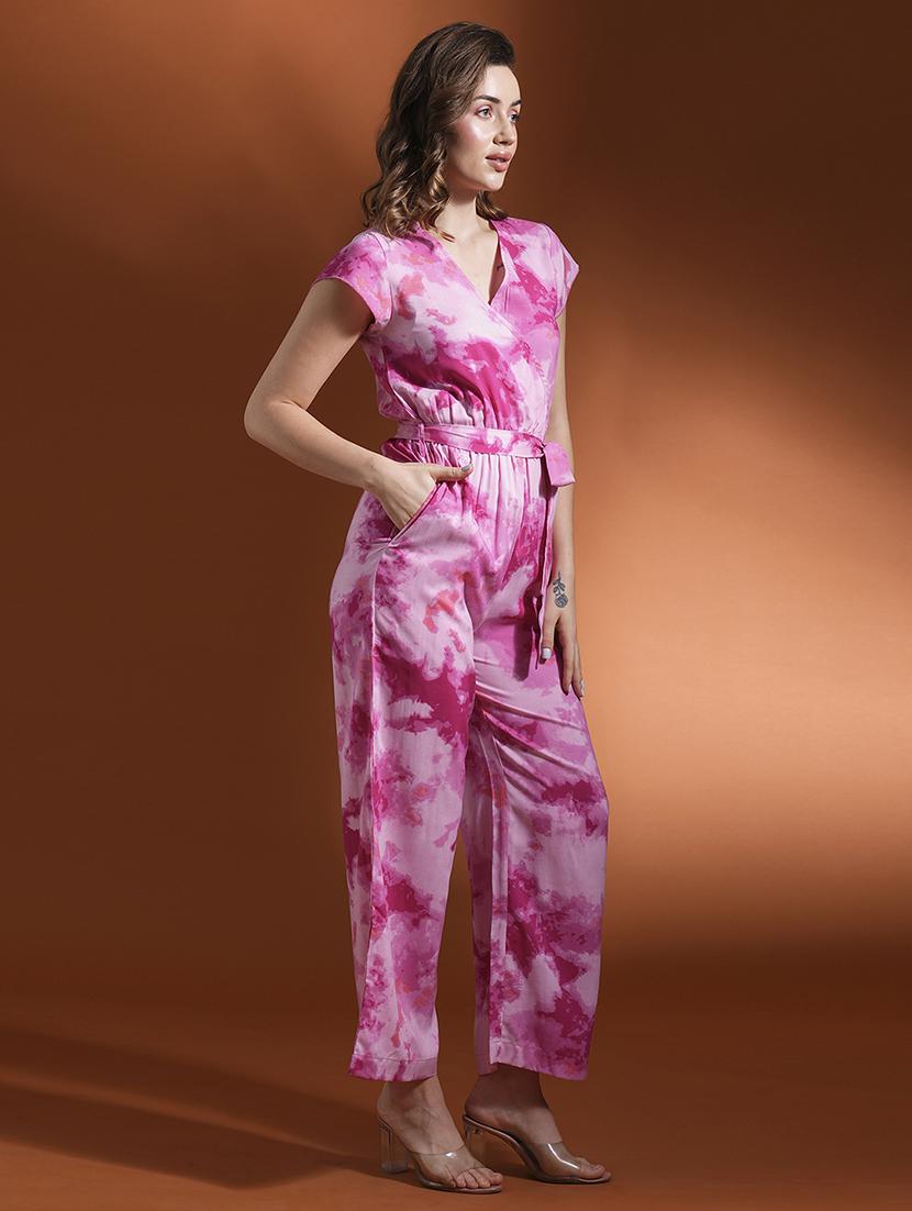 globus women pink tie- dye print wrap neck waist tie-up flared hem work wear jumpsuit - 21463128 -  Standard Image - 1