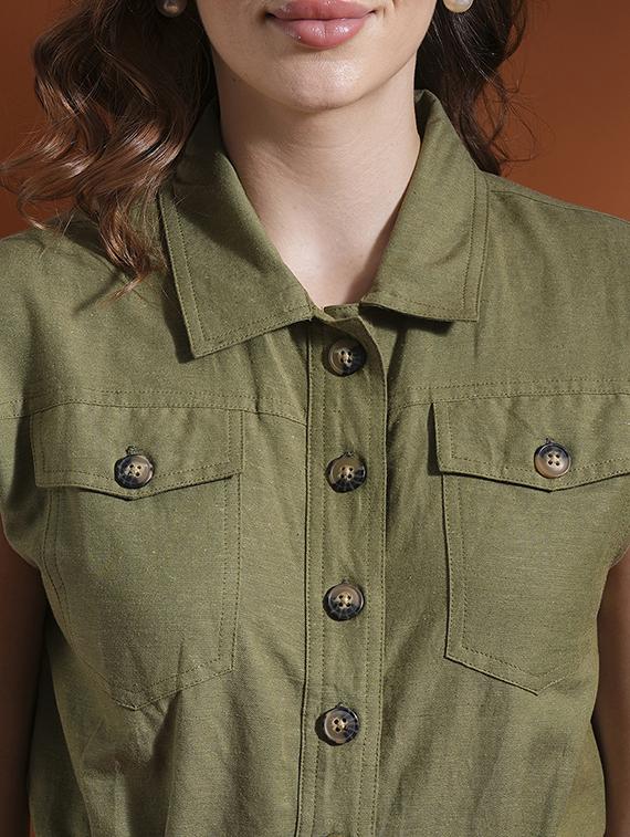 globus women olive shirt collar big button closure military style mini causal jumpsuit - 21463129 - Standard Image - 4