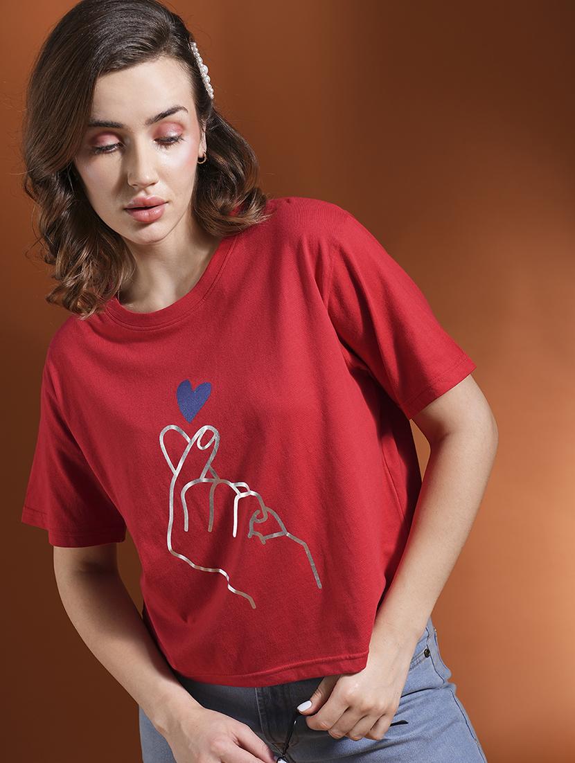 globus women red drop shoulder korean graphic printed oversized trendy crop t-shirt - 21463134 - Zoom Image - 0