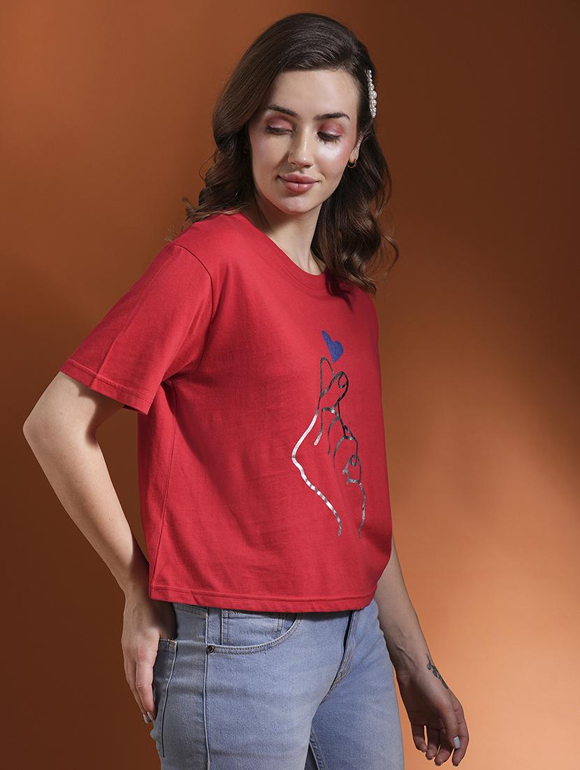 globus women red drop shoulder korean graphic printed oversized trendy crop t-shirt - 21463134 - Standard Image - 1