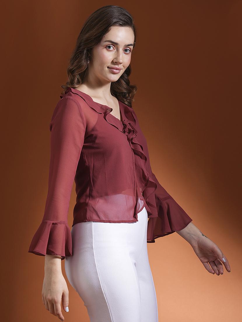 globus women maroon ruffles tie-up neck bell sleeves georgette party top - 21463137 - Standard Image - 1