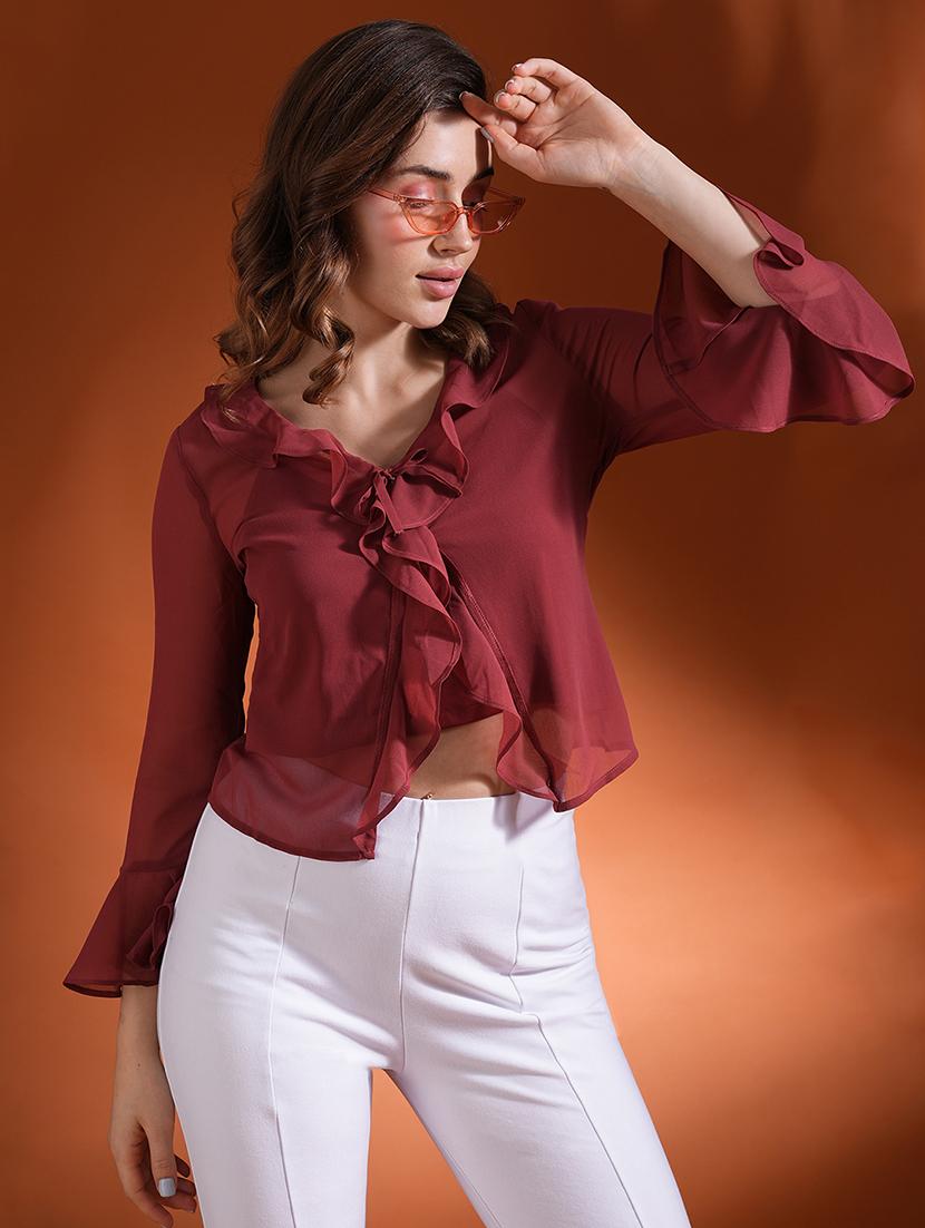 globus women maroon ruffles tie-up neck bell sleeves georgette party top - 21463137 - Standard Image - 4