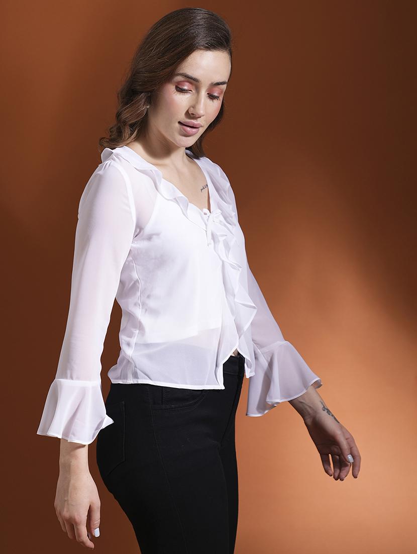 globus women white ruffles tie-up neck bell sleeves georgette party top - 21463138 -  Standard Image - 1