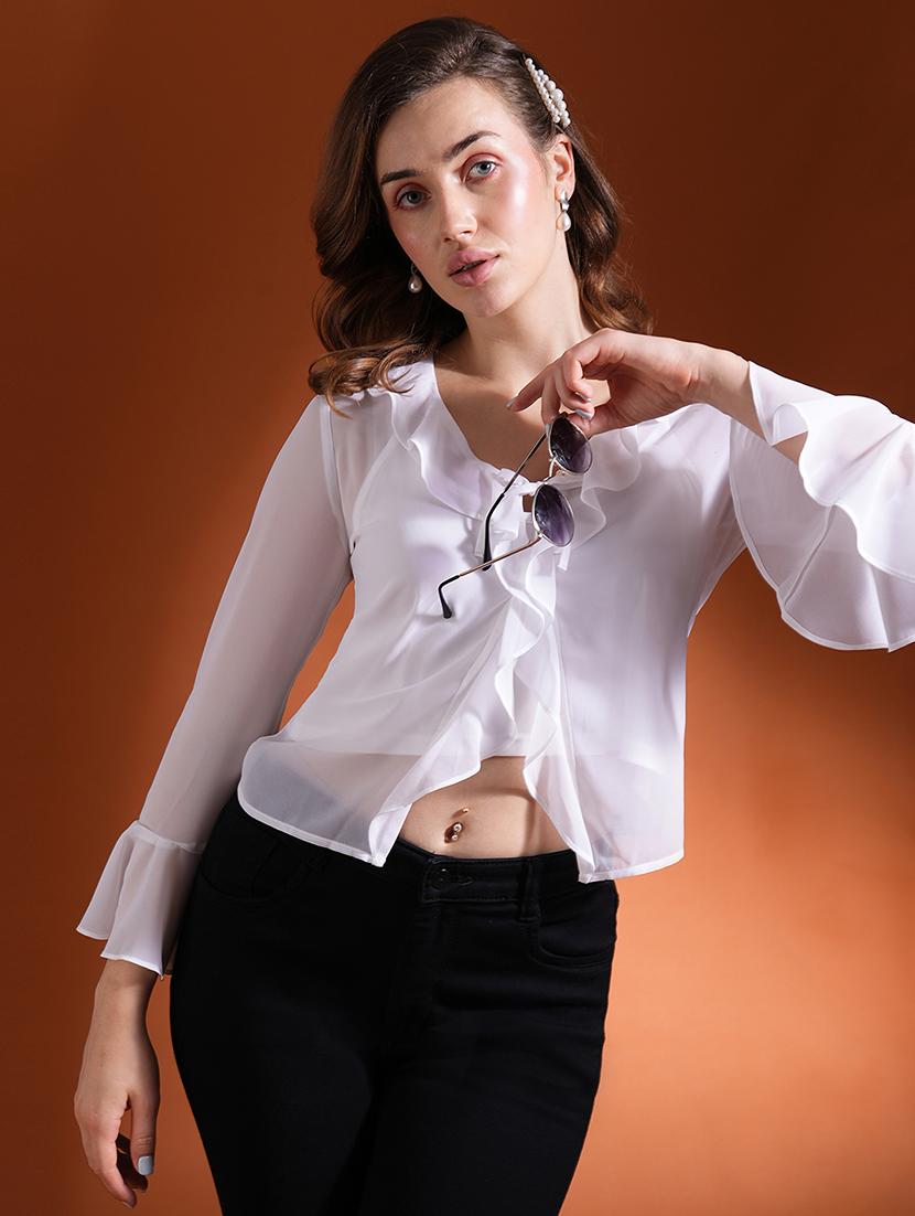 globus women white ruffles tie-up neck bell sleeves georgette party top - 21463138 - Standard Image - 4