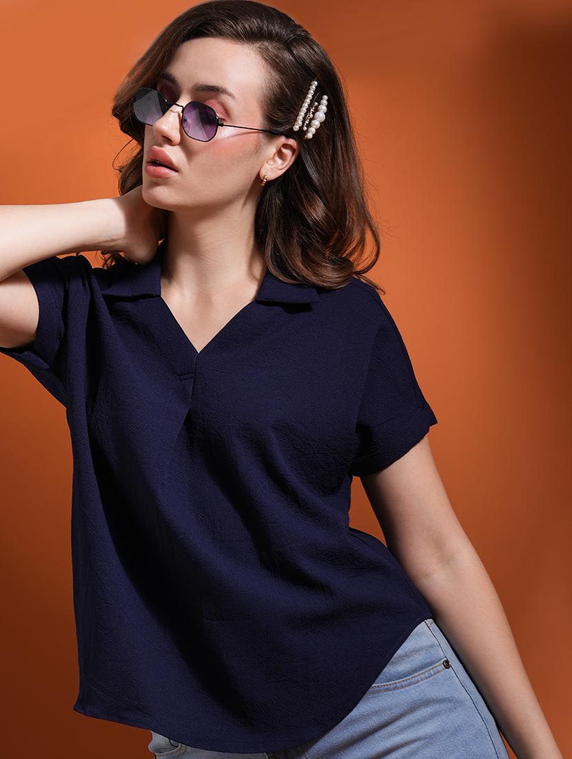 globus women navy blue shirt collar extended sleeves workwear top - 21463139 -  Standard Image - 1
