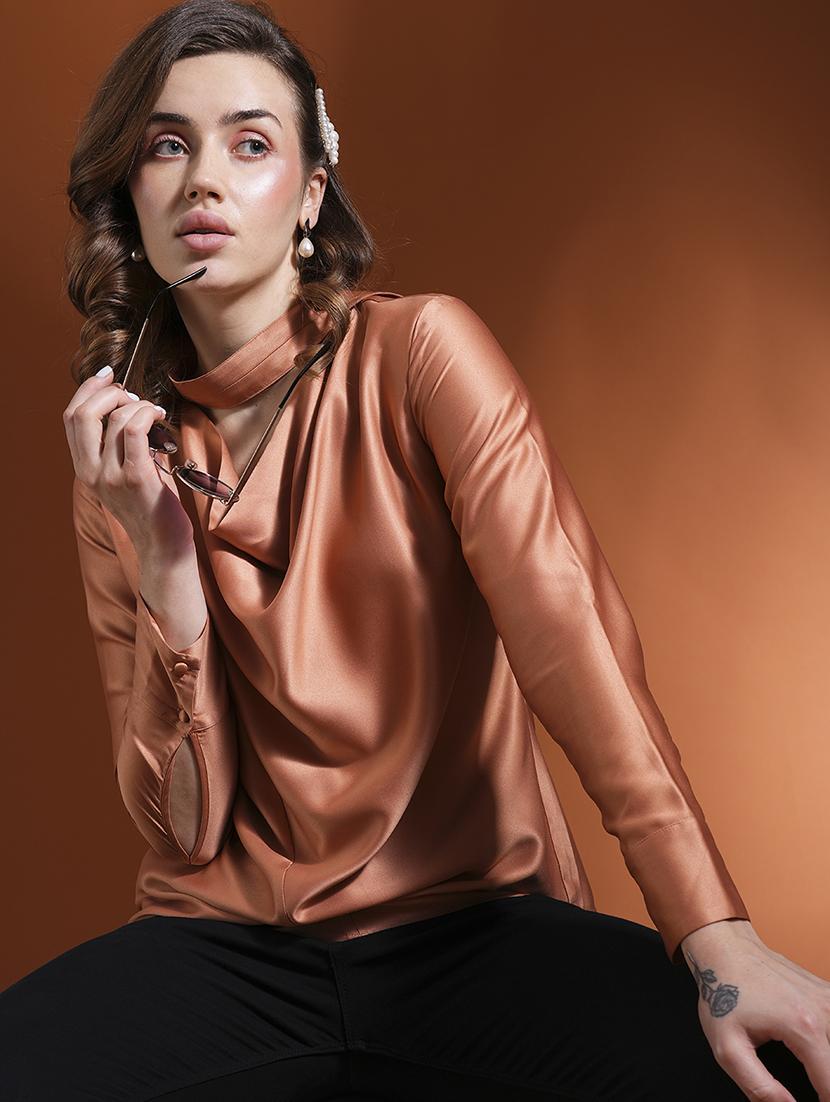 globus women rust cowl neck long cuffed sleeves stain workwear top - 21463141 - Standard Image - 1