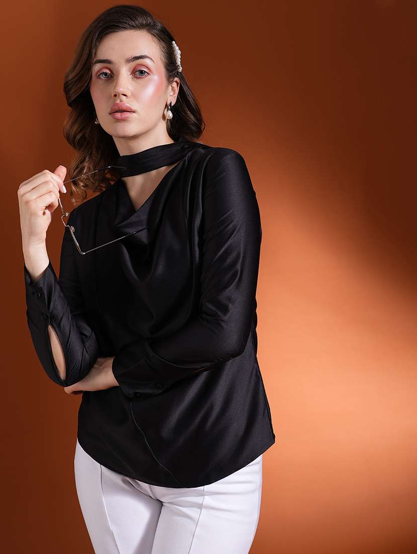 globus women black cowl neck long cuffed sleeves stain party top