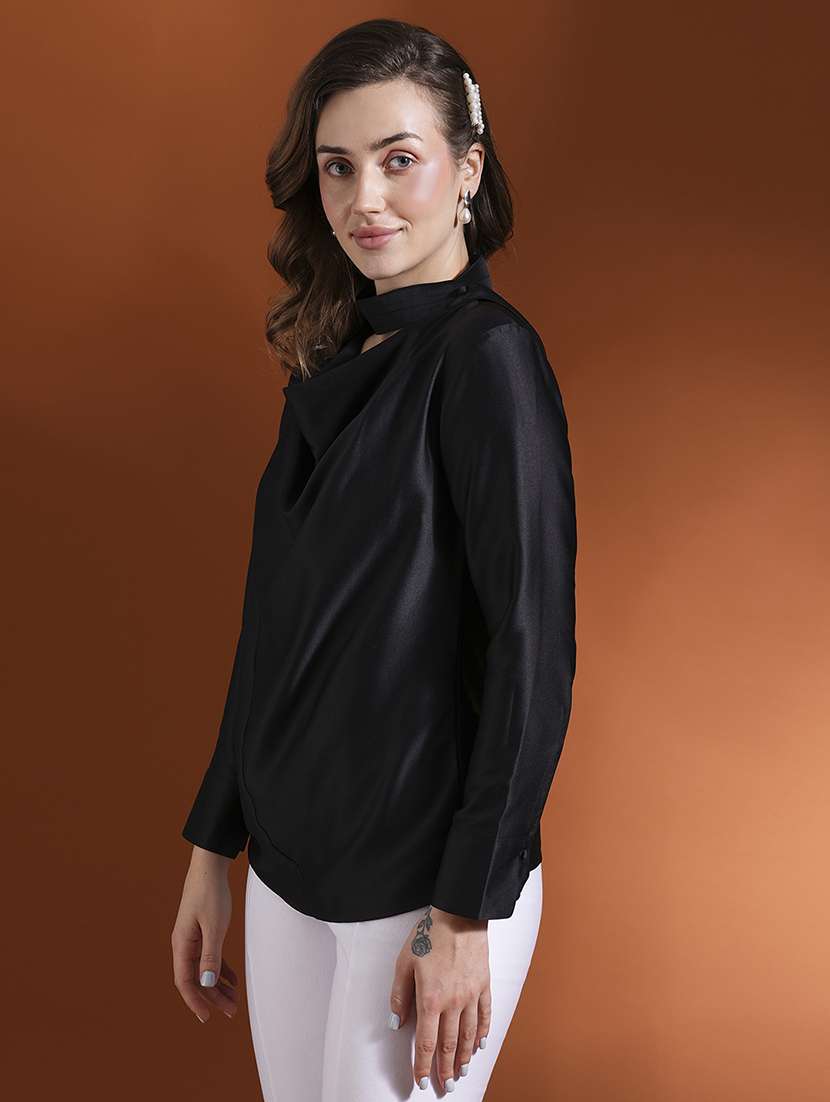globus women black cowl neck long cuffed sleeves stain party top - 21463142 -  Standard Image - 1