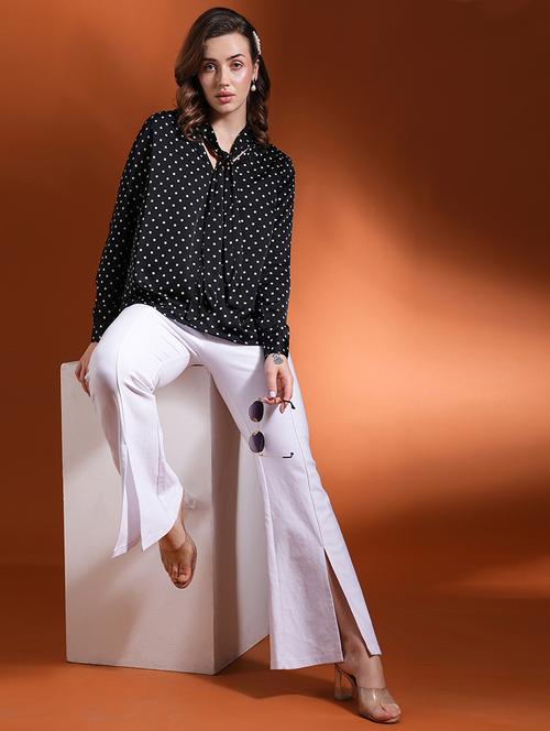 globus women black polka dots tie-up neck cuffed sleeves stain work wear top - 21463143 -  Standard Image - 0