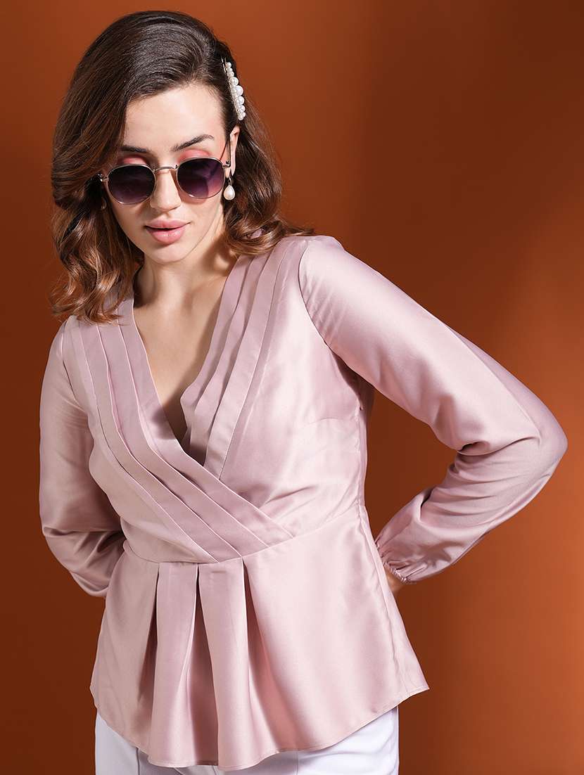 globus women pink v-neck bishops sleeves satin peplum workwear top - 21463148 -  Standard Image - 1