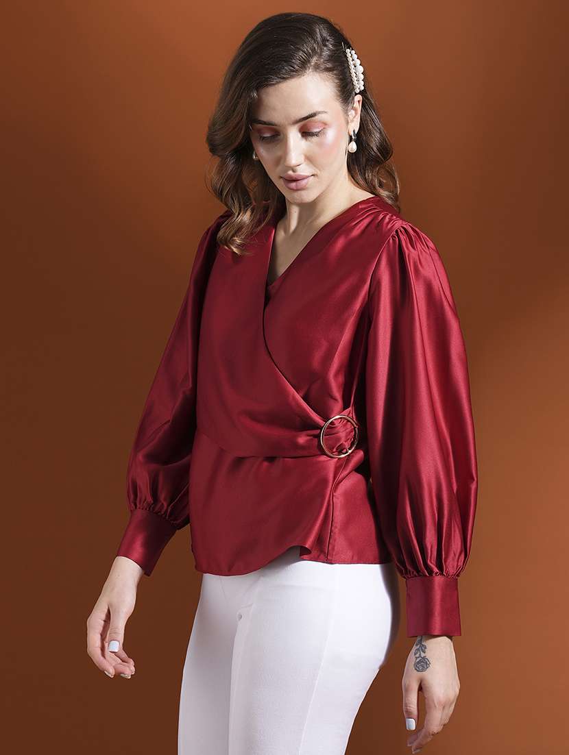 globus women maroon wrap v-neck bishop cuffed sleeves satin workwear top - 21463151 -  Standard Image - 1