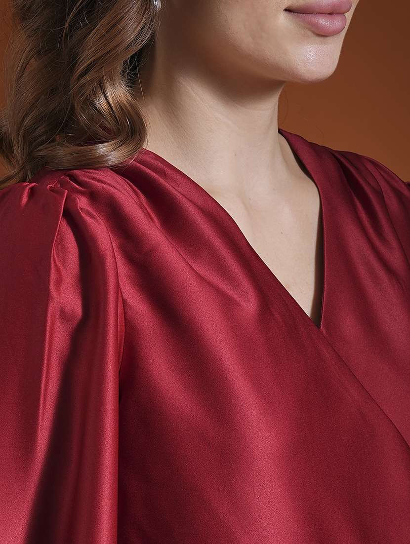 globus women maroon wrap v-neck bishop cuffed sleeves satin workwear top - 21463151 -  Standard Image - 4