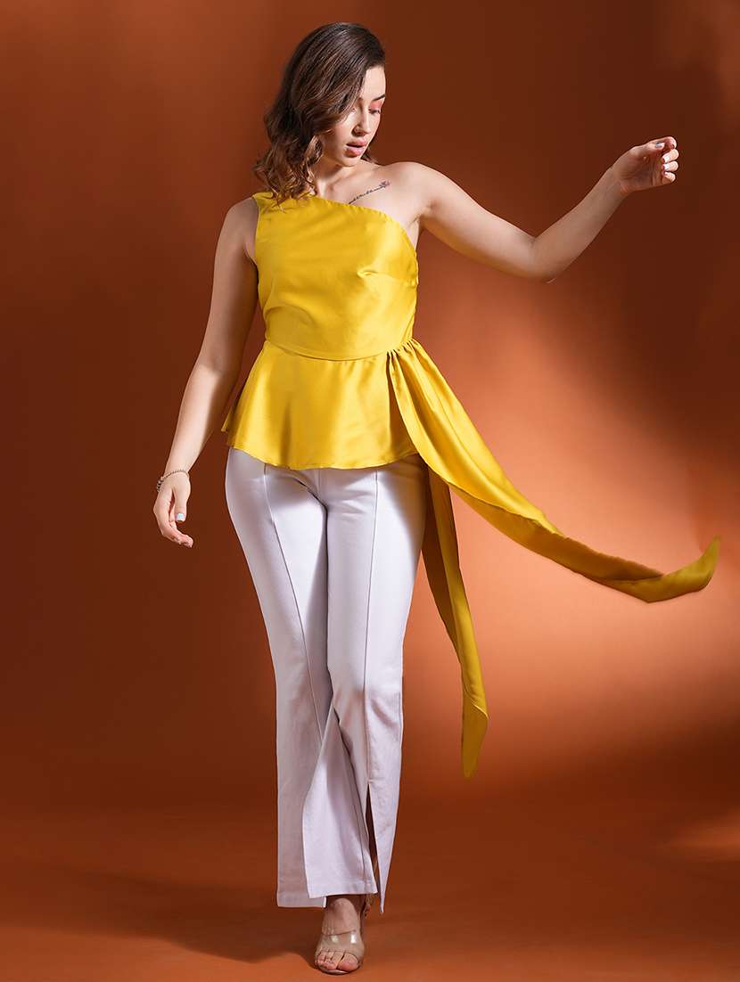 globus women lime green one shoulder waist style satin peplum party top