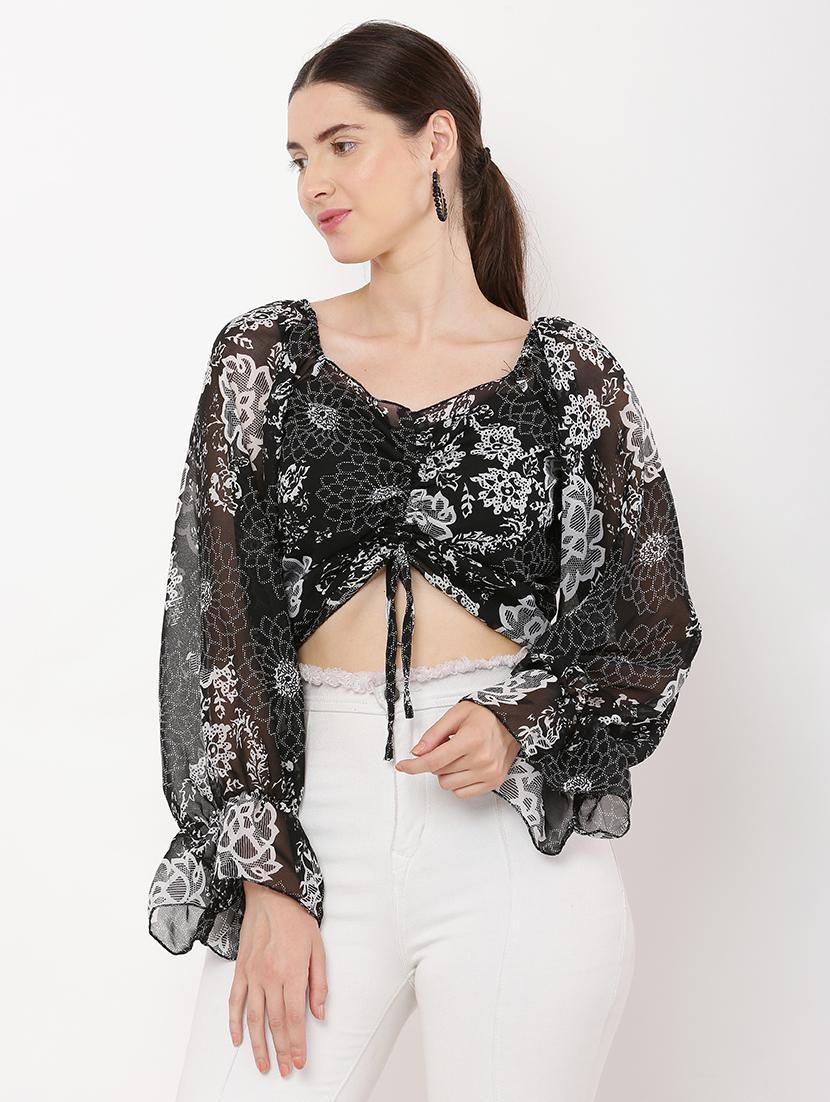 women floral print long sleeves crop top - 21463167 -  Standard Image - 1