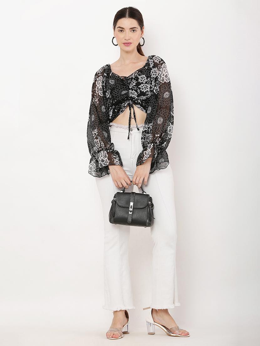 women floral print long sleeves crop top - 21463167 - Standard Image - 4
