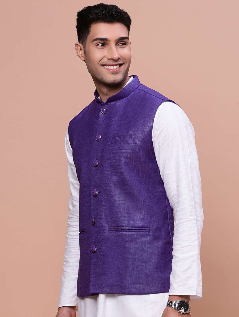 purple cotton blend nehru jacket - 21463315 -  Standard Image - 1