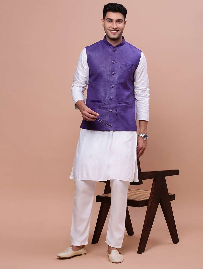 purple cotton blend nehru jacket - 21463315 -  Standard Image - 4