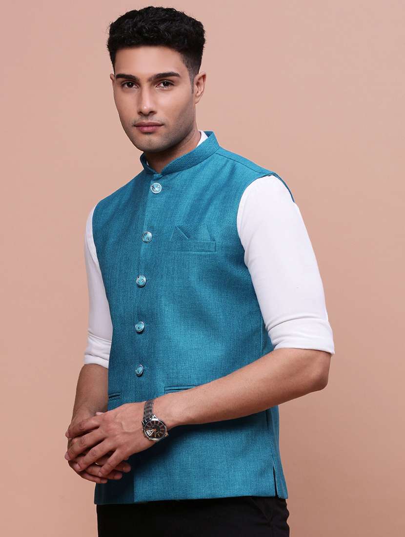 light blue solid nehru jacket - 21463349 -  Standard Image - 1