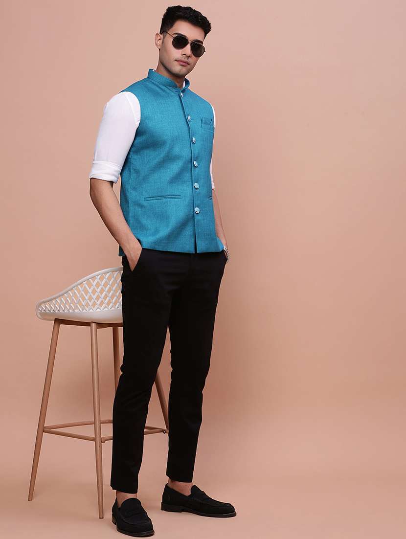 light blue solid nehru jacket - 21463349 -  Standard Image - 4