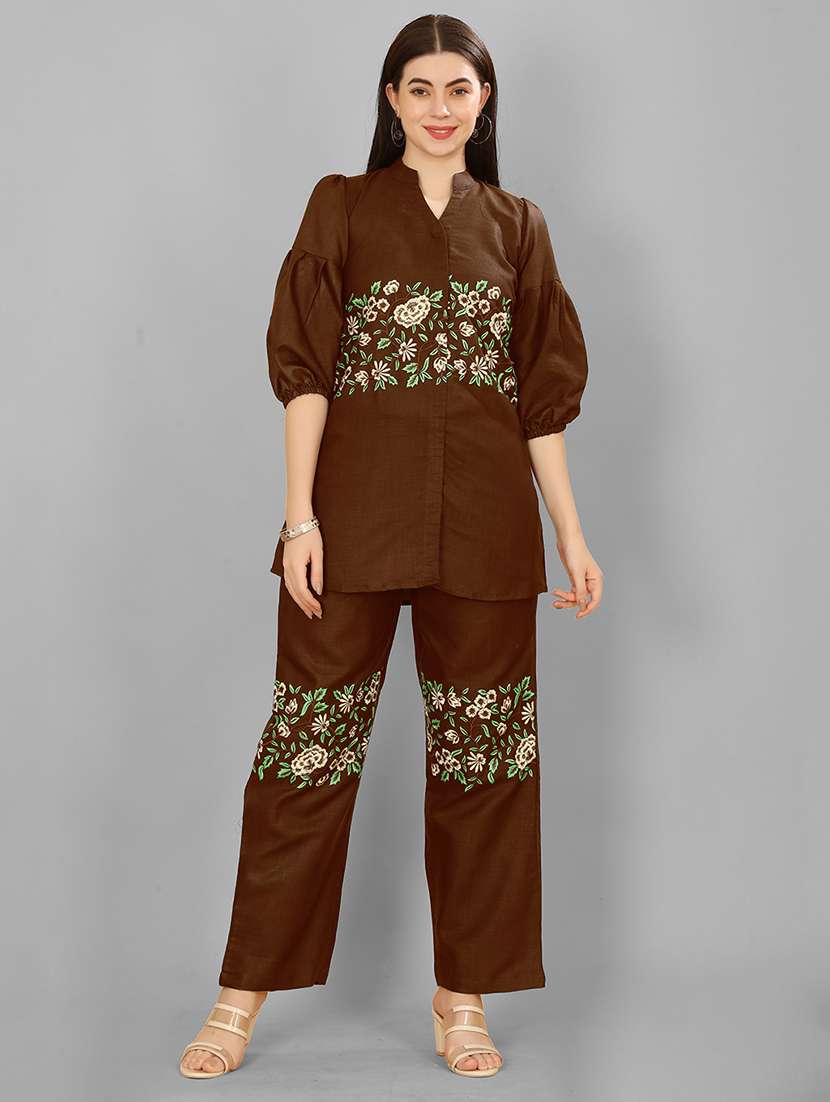 women coffee brown embroidered co-ord set