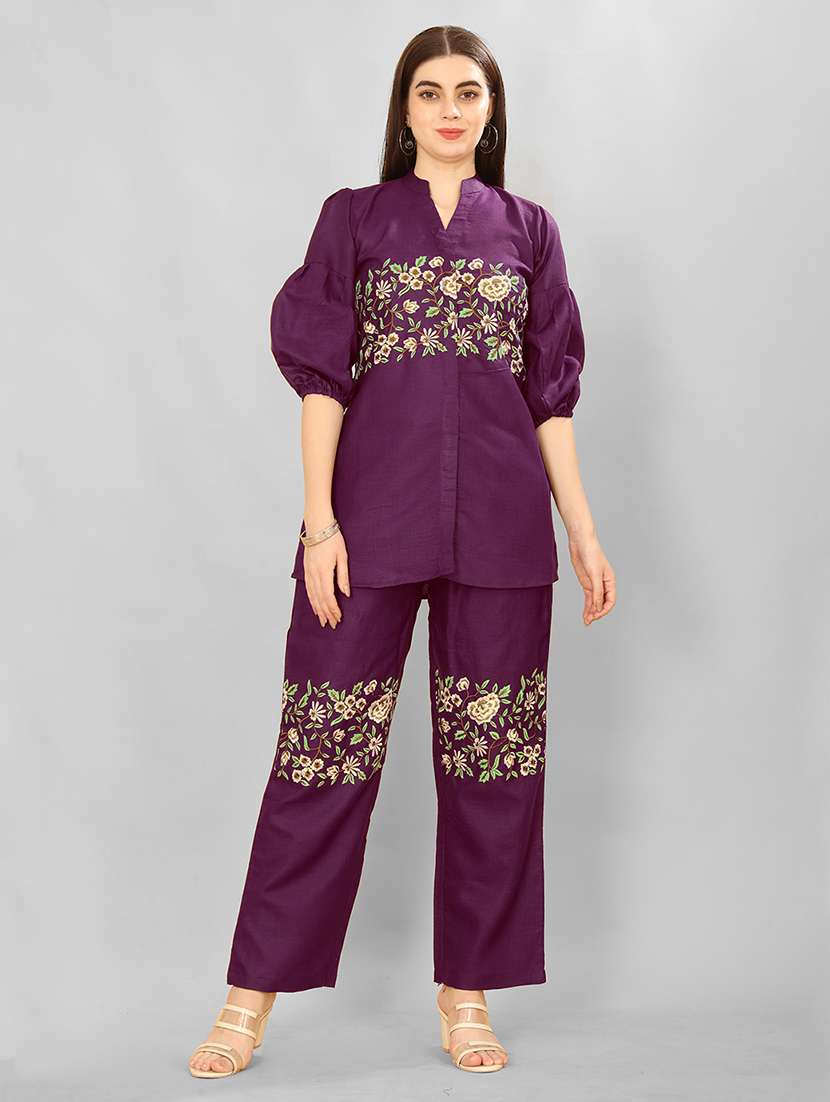 women burgundy embroidered co-ord set