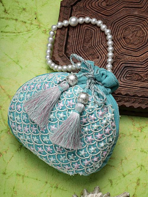 light blue embroidered silk potli - 21463425 -  Standard Image - 0
