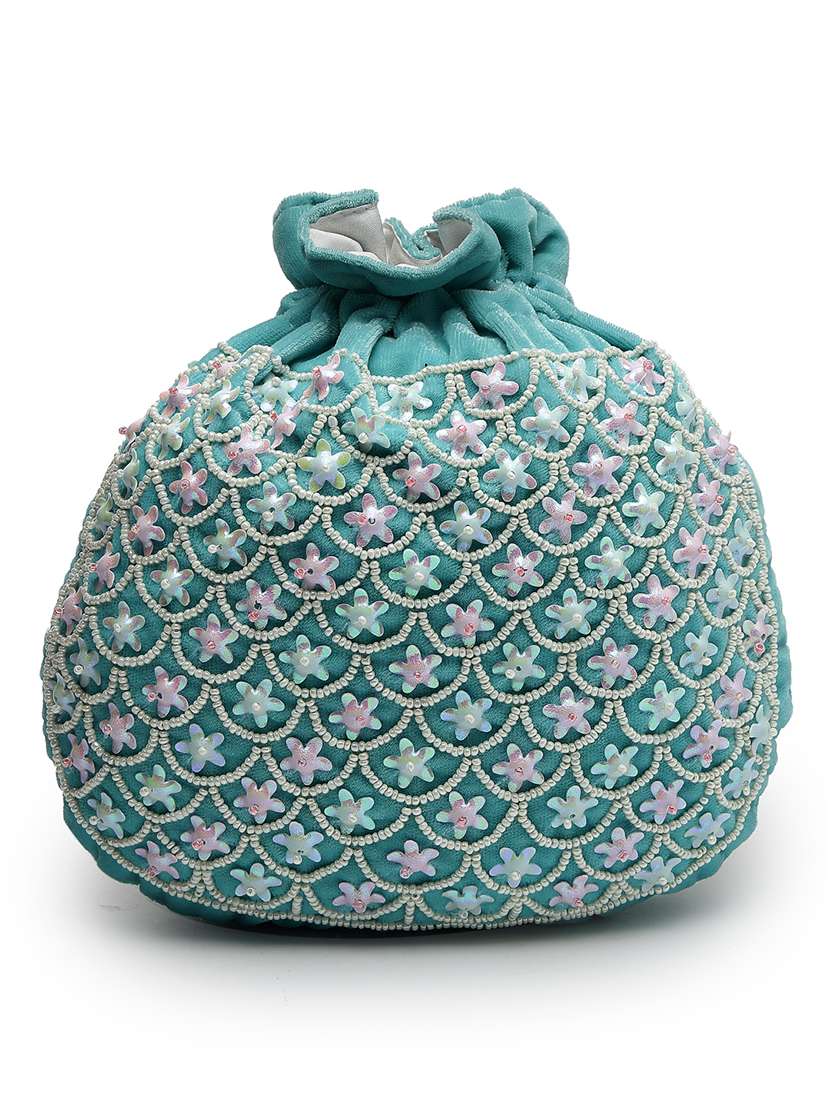 Light Blue Embroidered Silk Potli