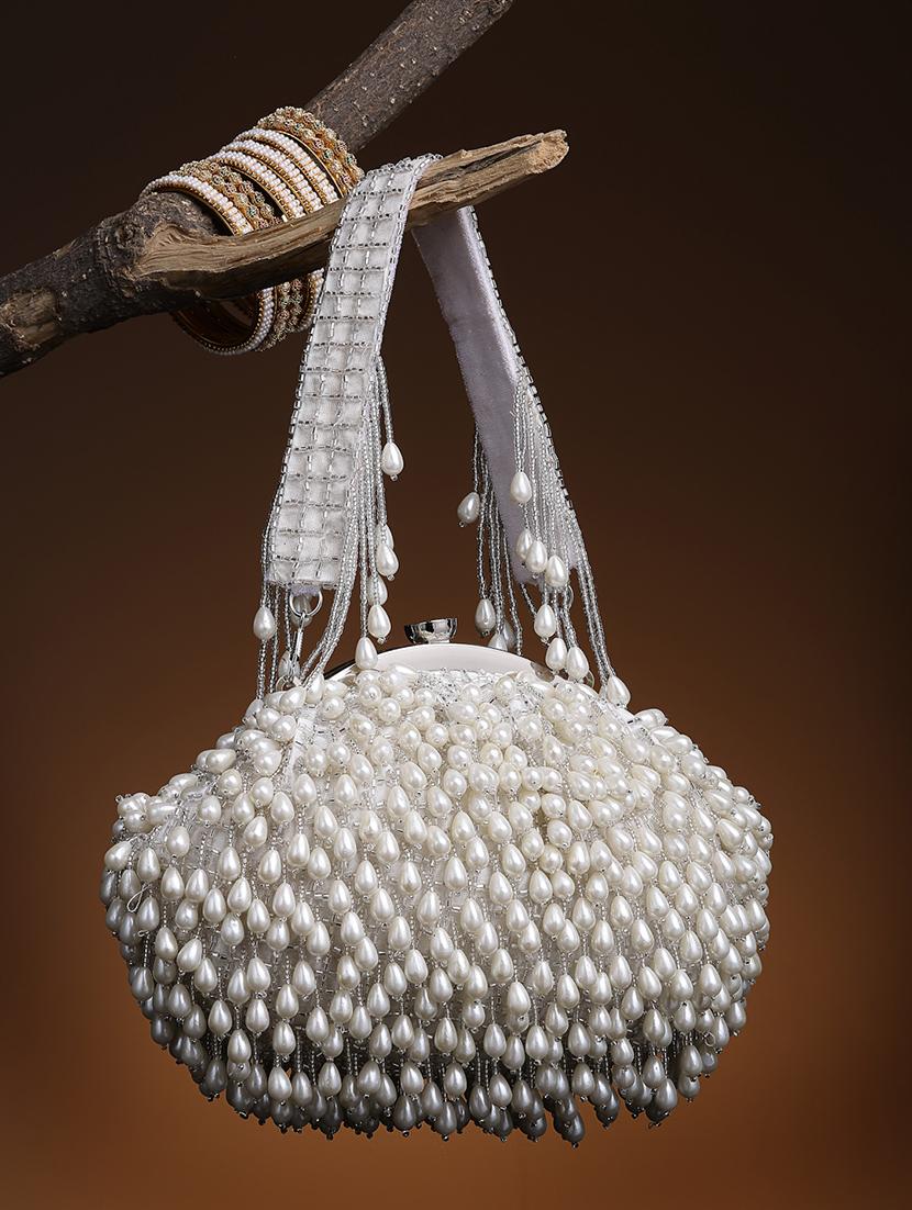beige embellished silk pouch clutch - 21463449 -  Zoom Image - 0