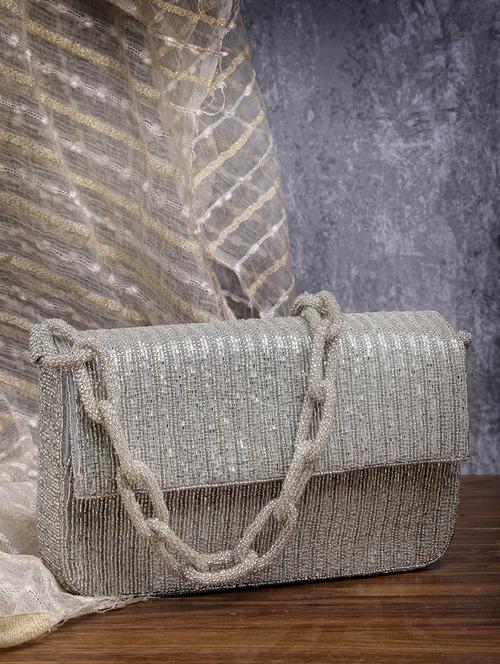 silver embellished silk fold over clutch - 21463450 -  Standard Image - 0