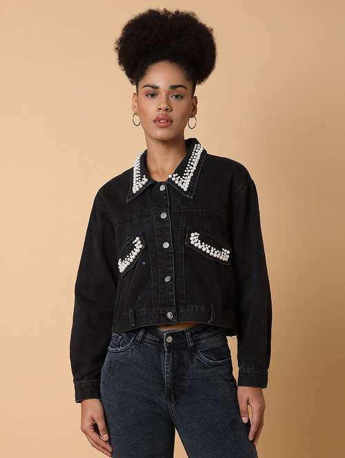 black denim jacket with embellished collar - 21463468 - Standard Image - 0