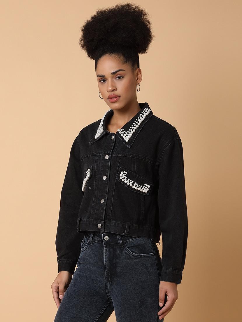 black denim jacket with embellished collar - 21463468 - Standard Image - 1
