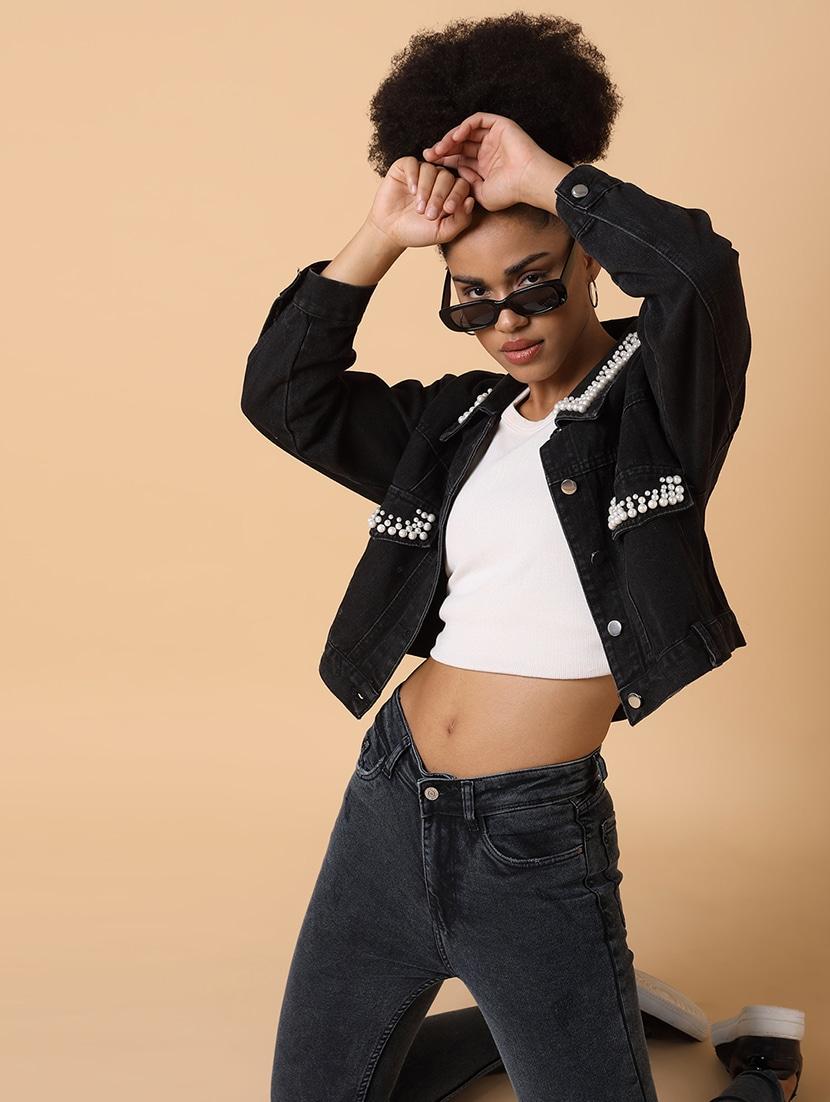 black denim jacket with embellished collar - 21463468 - Standard Image - 4