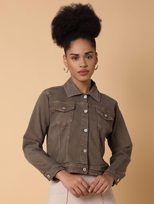 women brown long sleeves denim jacket - 21463470 - Standard Image - 0
